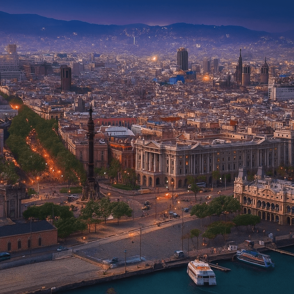 Vista exterior del Casino Barcelona en el Port Olímpic, con luces encendidas al atardecer frente al mar Mediterráneo.
